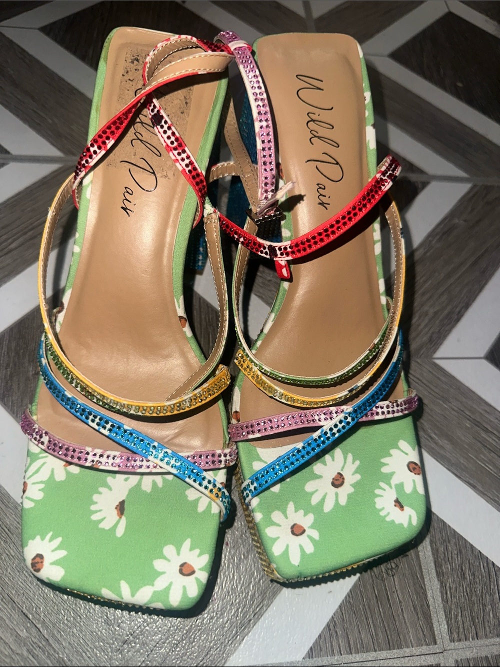 Wild Pair Green Daisy Slingback Heels with Multicolor Crystal Straps